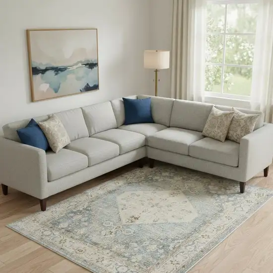 Blue and Silver Floral Medallion Power Loom Distressed Washable Area Rug Photo 1