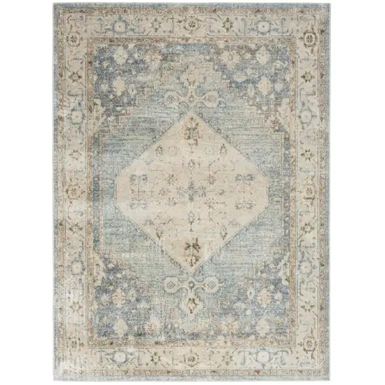 Blue and Silver Floral Medallion Power Loom Distressed Washable Area Rug Photo 2
