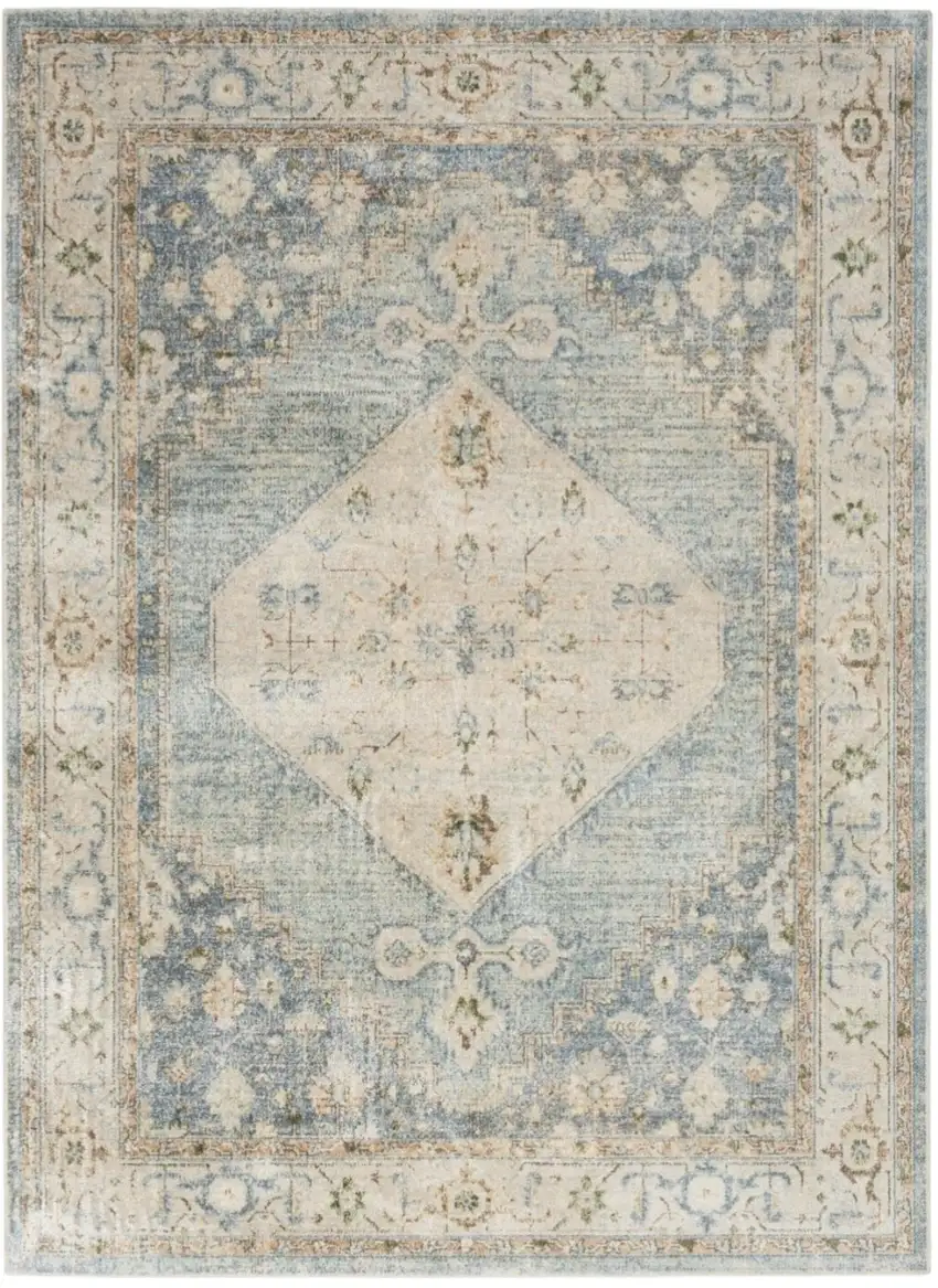 Blue and Silver Floral Medallion Power Loom Distressed Washable Area Rug Photo 2