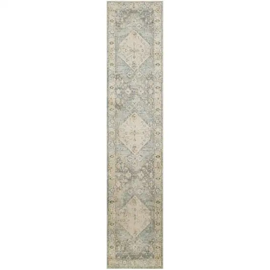 10' Blue And Silver Floral Medallion Distressed Washable Runner Rug Photo 1
