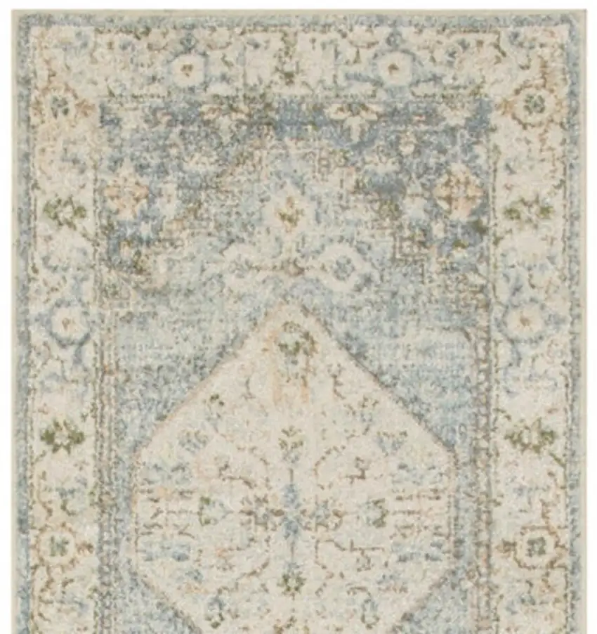 10' Blue And Silver Floral Medallion Distressed Washable Runner Rug Photo 4