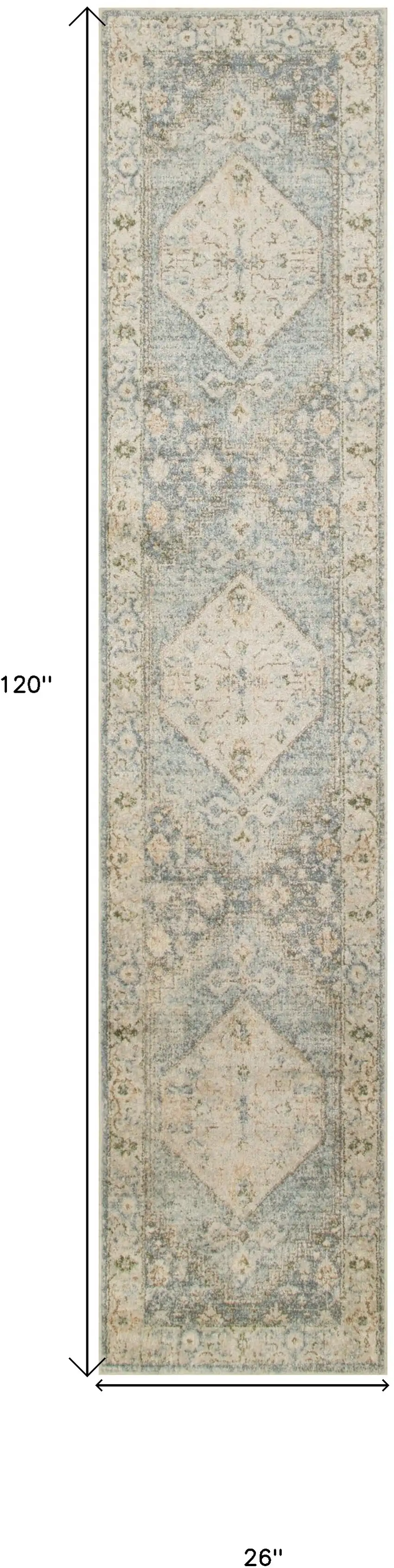 Blue and Silver Floral Medallion Power Loom Distressed Washable Runner Rug Photo 3