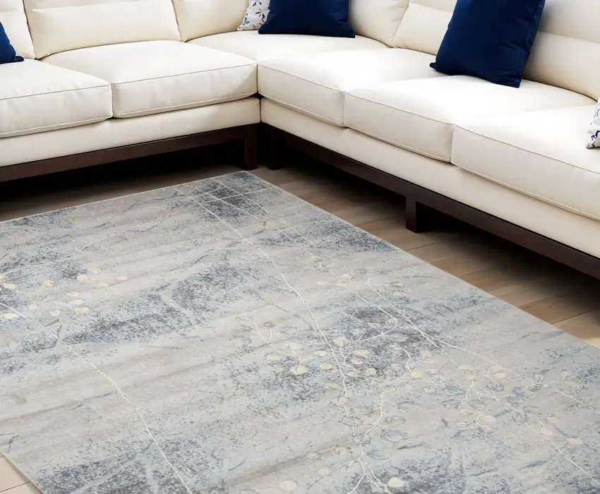 Blue and Silver Floral Power Loom Area Rug Photo 2
