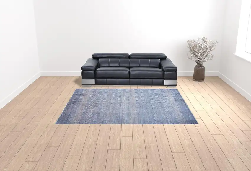 Blue and Silver Wool Striped Hand KNotted Area Rug Photo 3