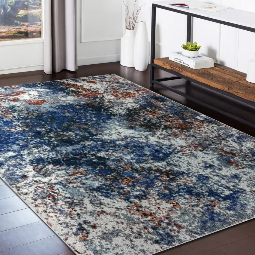 Blue and White Abstract Ocean Area Rug Photo 7