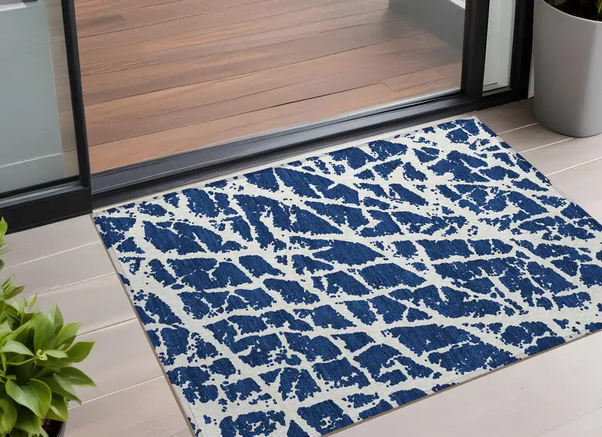 Navy and Ivory Abstract Washable Non Skid Indoor Outdoor Area Rug Photo 1