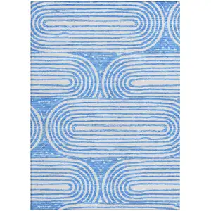 Photo of Blue and White Abstract Washable Non Skid Indoor Outdoor Area Rug
