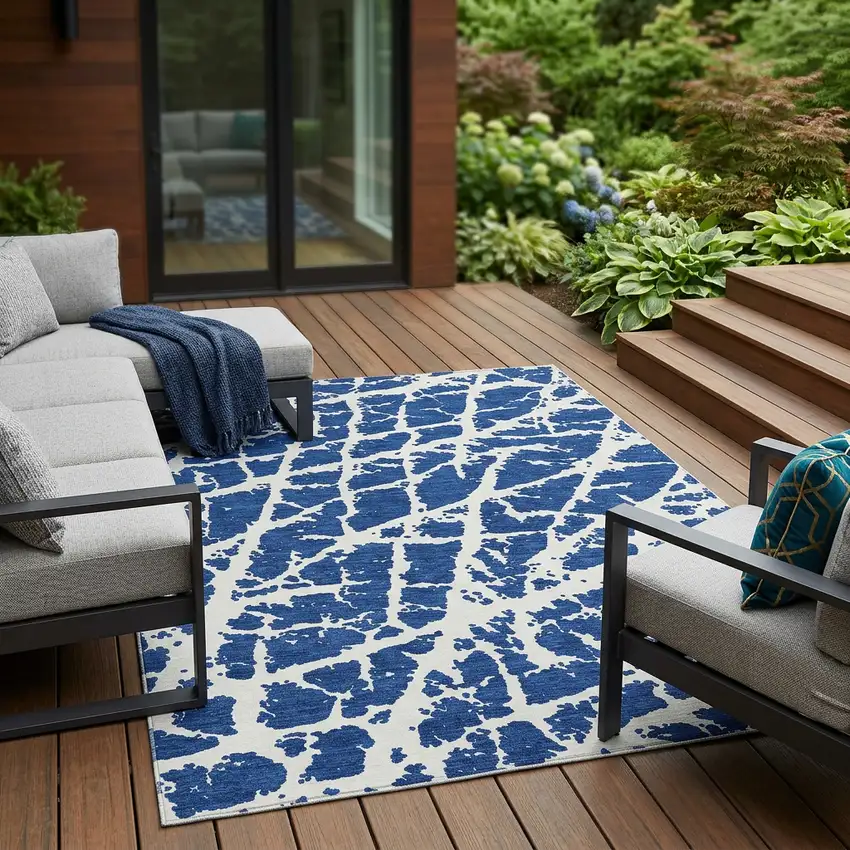 Blue and White Abstract Washable Non Skid Indoor Outdoor Area Rug Photo 1