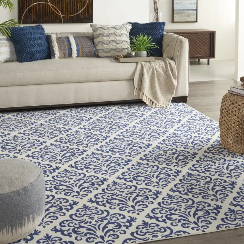Blue and White Damask Power Loom Area Rug Photo 5