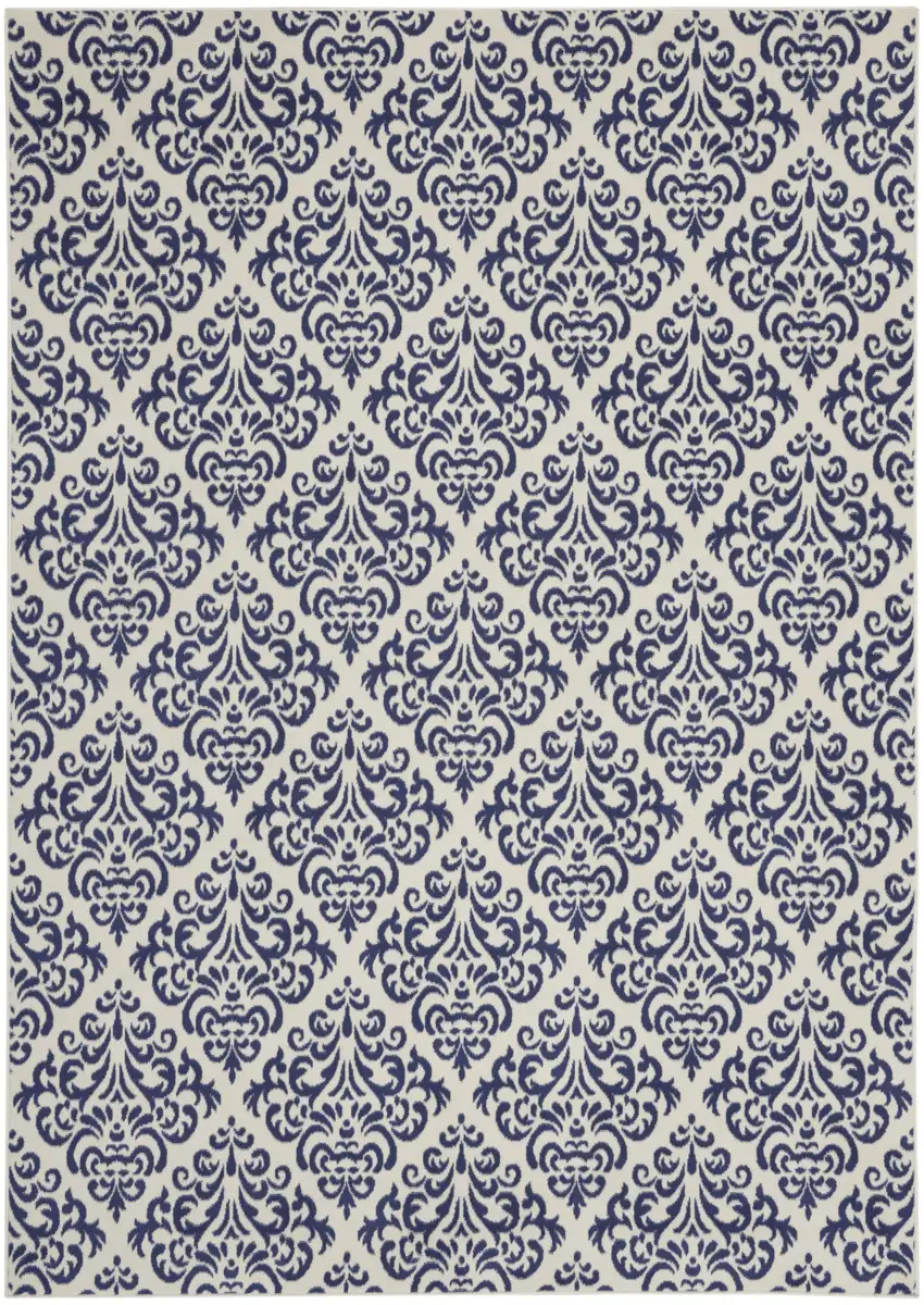 Blue and White Damask Power Loom Area Rug Photo 2