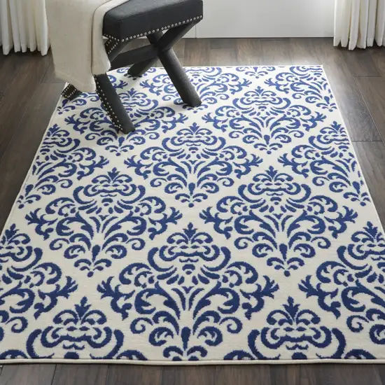 Blue and White Damask Power Loom Area Rug Photo 5