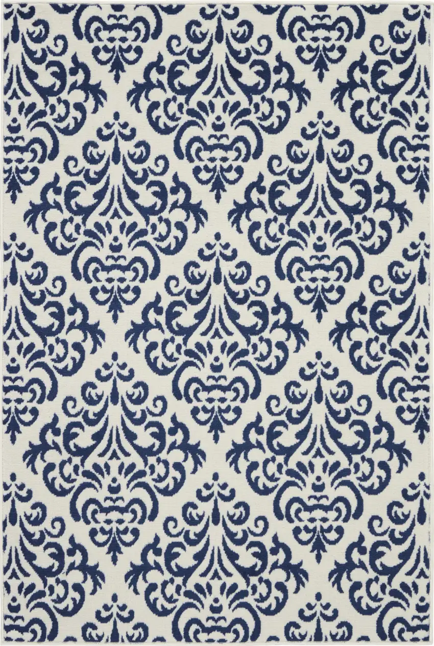 Blue and White Damask Power Loom Area Rug Photo 1