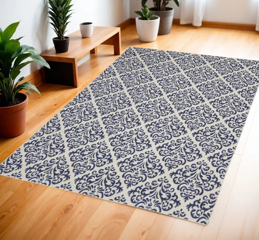 Blue and White Damask Power Loom Area Rug Photo 2