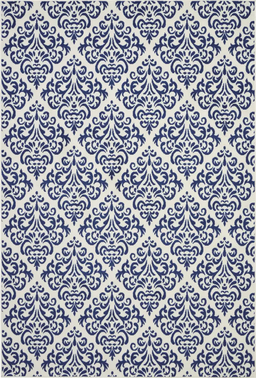 Blue and White Damask Power Loom Area Rug Photo 2