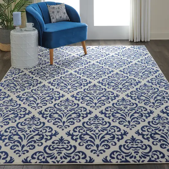 Blue and White Damask Power Loom Area Rug Photo 5