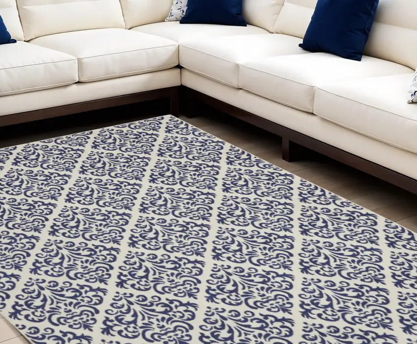 Blue and White Damask Power Loom Area Rug Photo 1