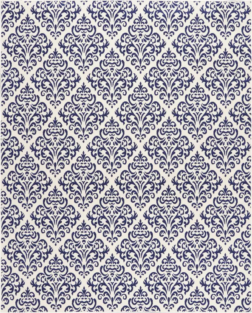 Blue and White Damask Power Loom Area Rug Photo 2