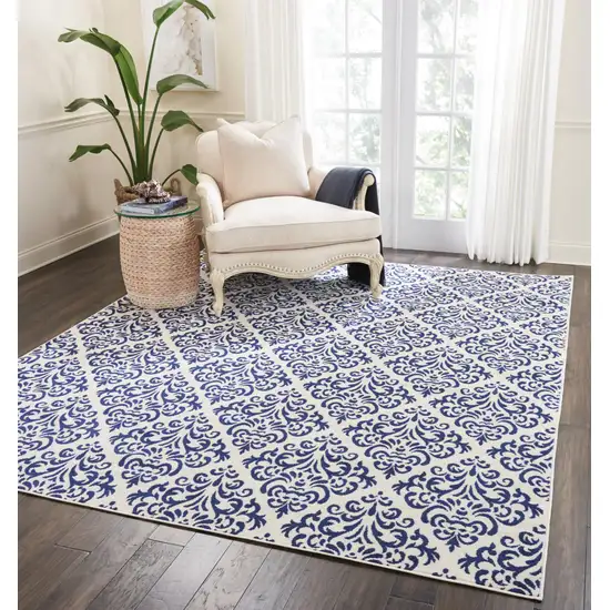 Blue and White Damask Power Loom Area Rug Photo 5