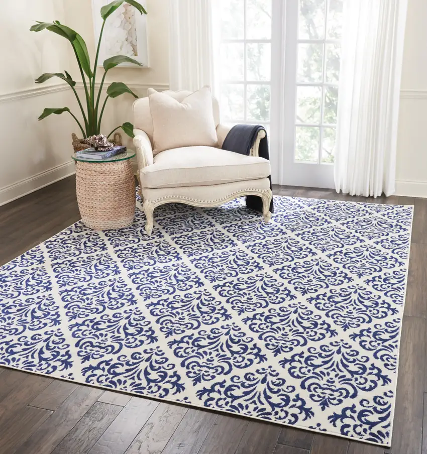 Blue and White Damask Power Loom Area Rug Photo 5