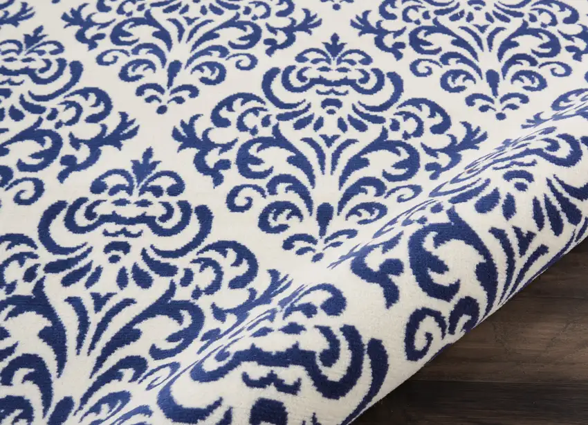 Blue and White Damask Power Loom Area Rug Photo 9