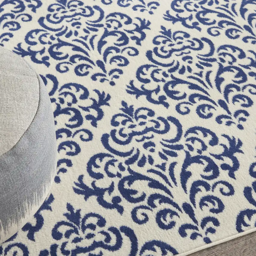 Blue and White Damask Power Loom Area Rug Photo 8