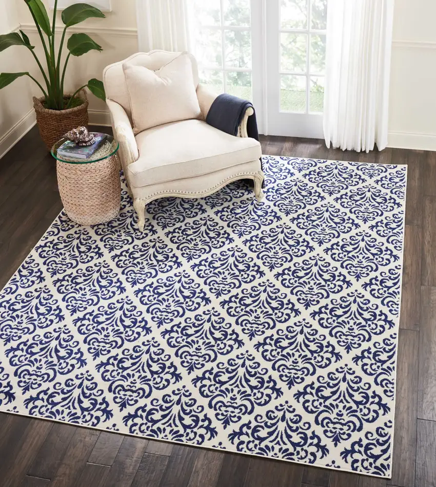 Blue and White Damask Power Loom Area Rug Photo 6
