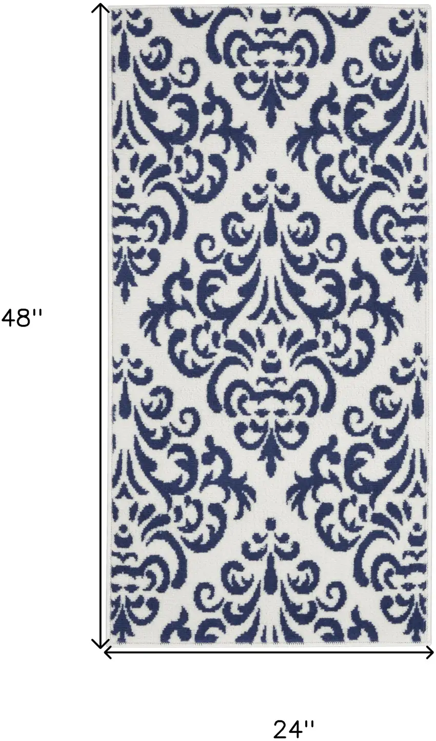 Blue and White Damask Power Loom Area Rug Photo 3