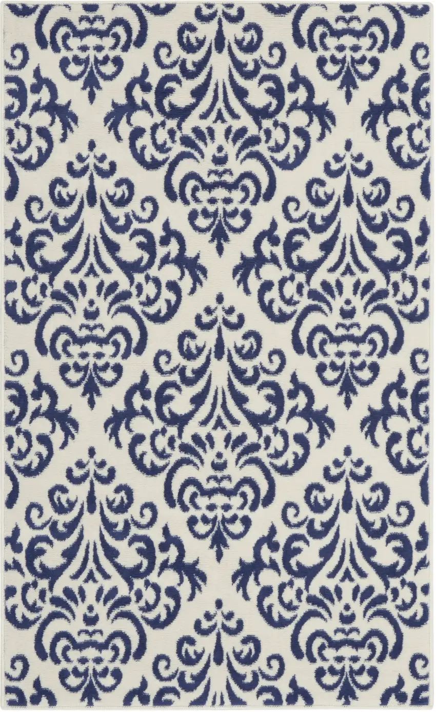 Blue and White Damask Power Loom Area Rug Photo 2