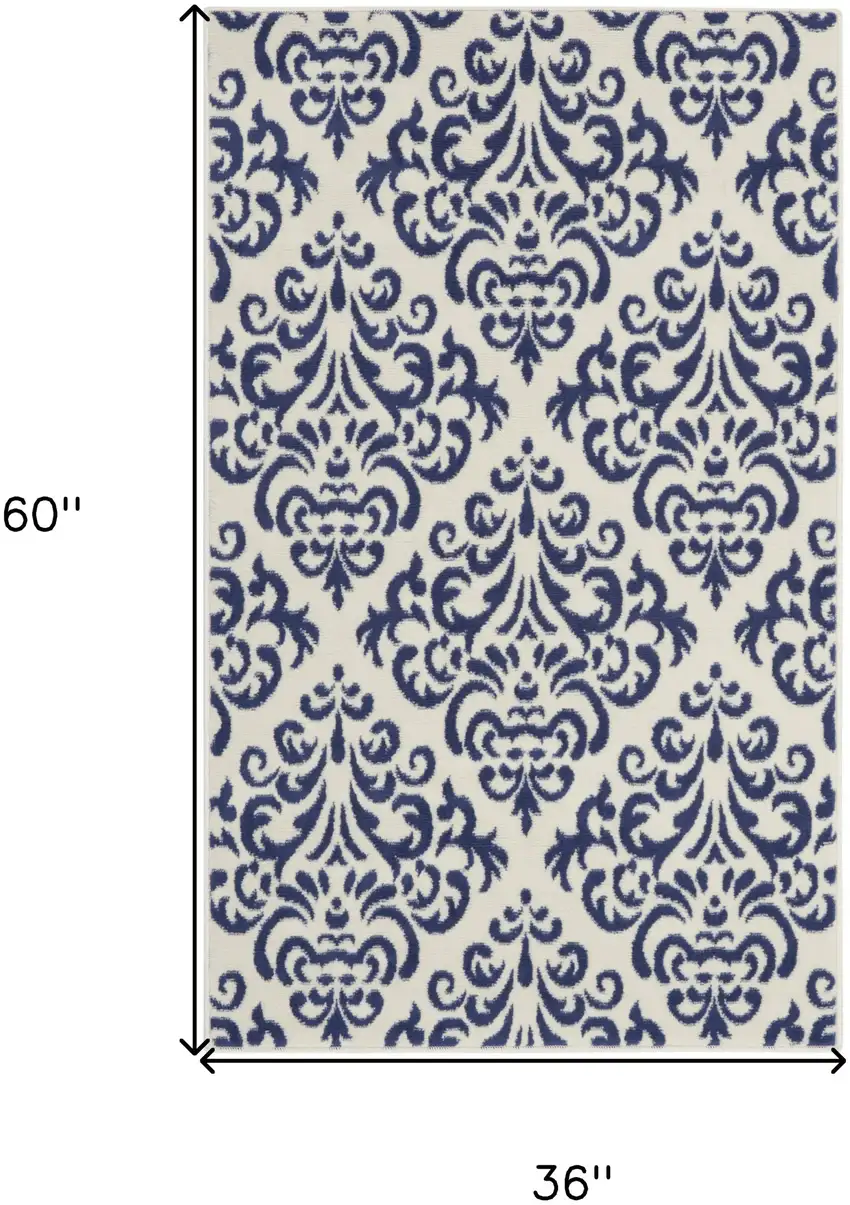 Blue and White Damask Power Loom Area Rug Photo 3
