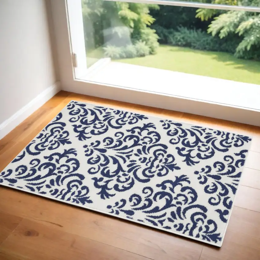 Blue and White Damask Power Loom Area Rug Photo 1