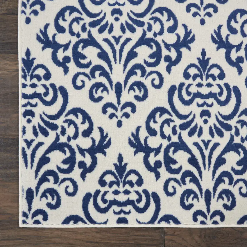 Blue and White Damask Power Loom Runner Rug Photo 9