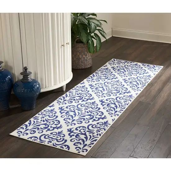 8' Blue And White Damask Runner Rug Photo 5