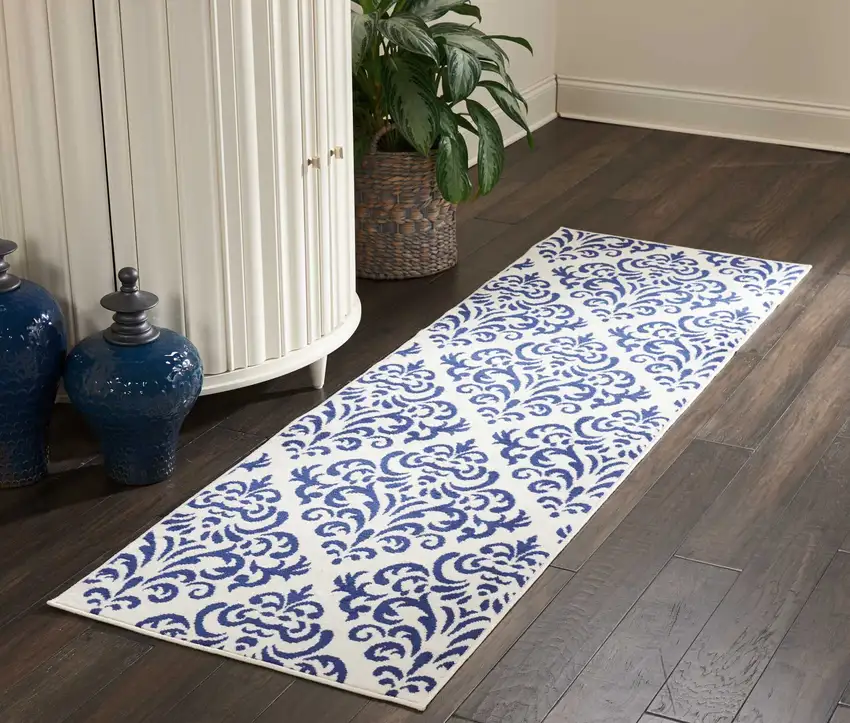 Blue and White Damask Power Loom Runner Rug Photo 6