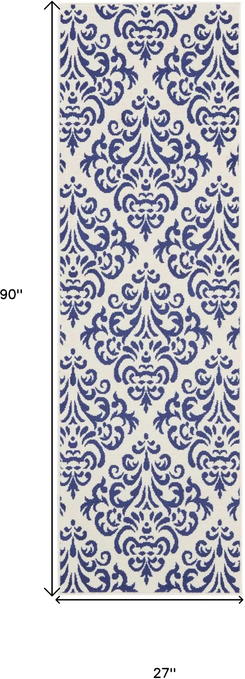 Blue and White Damask Power Loom Runner Rug Photo 3