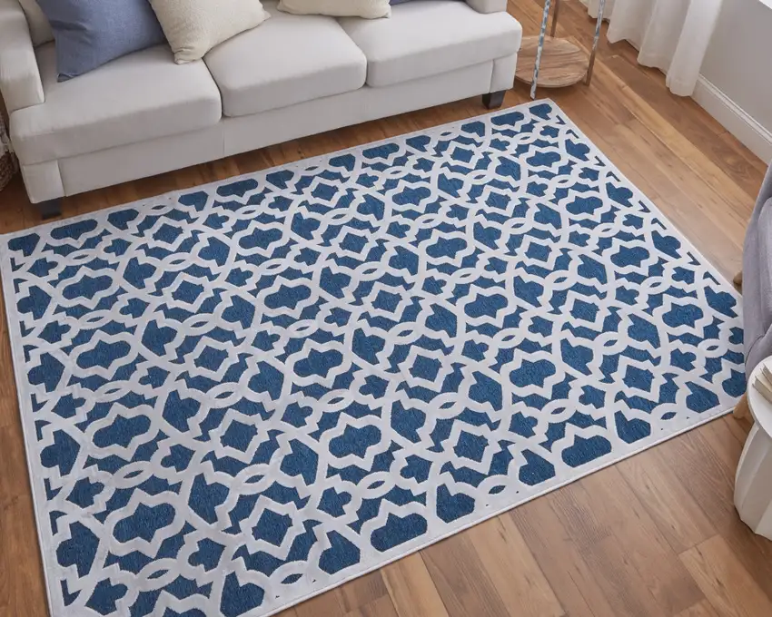 Blue and White Geometric Power Loom Area Rug Photo 9