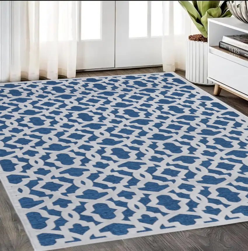 Blue and White Geometric Power Loom Area Rug Photo 2