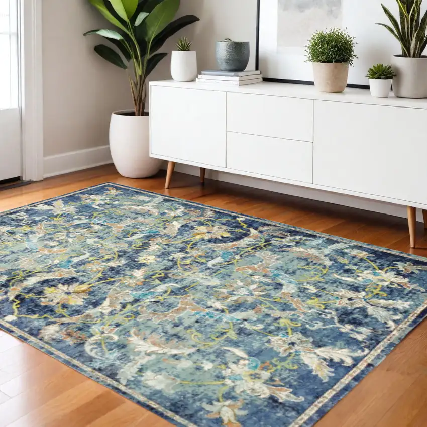 Blue and White Jacobean Pattern Area Rug Photo 1
