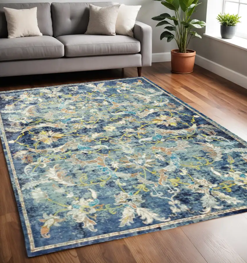 Blue and White Jacobean Pattern Area Rug Photo 1