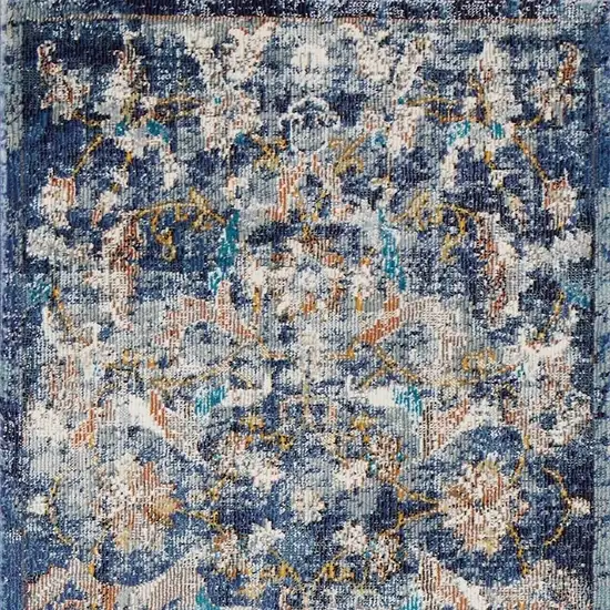 2' X 9' Blue and White Jacobean Pattern Runner Rug Photo 5