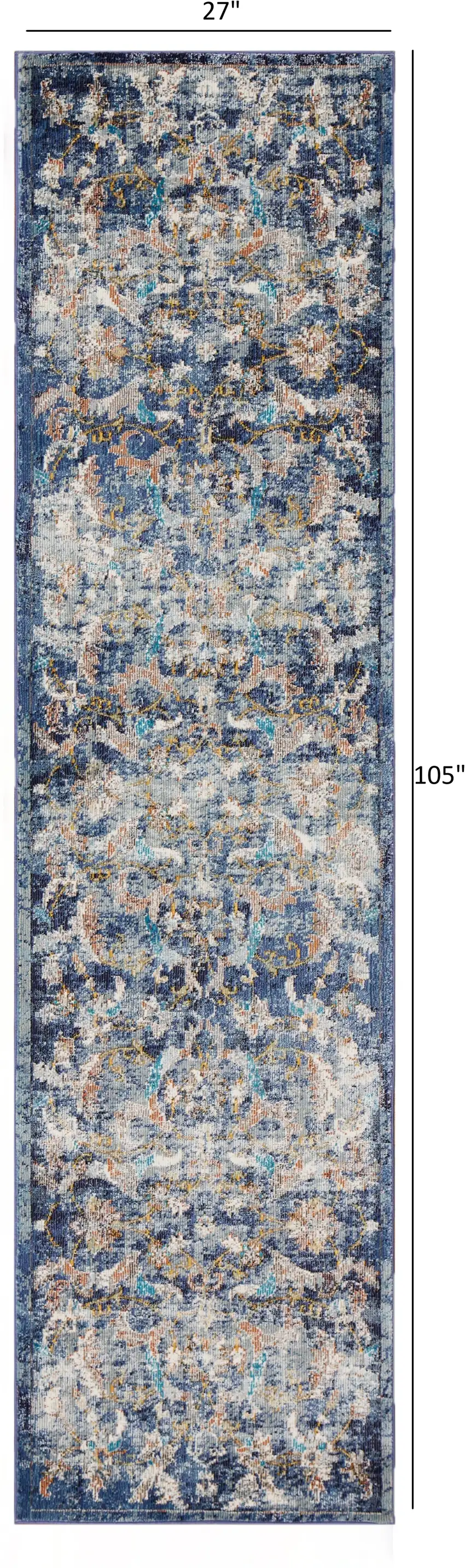 Blue and White Jacobean Pattern Runner Rug Photo 3