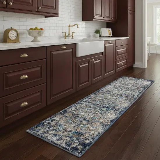 2' X 9' Blue and White Jacobean Pattern Runner Rug Photo 1