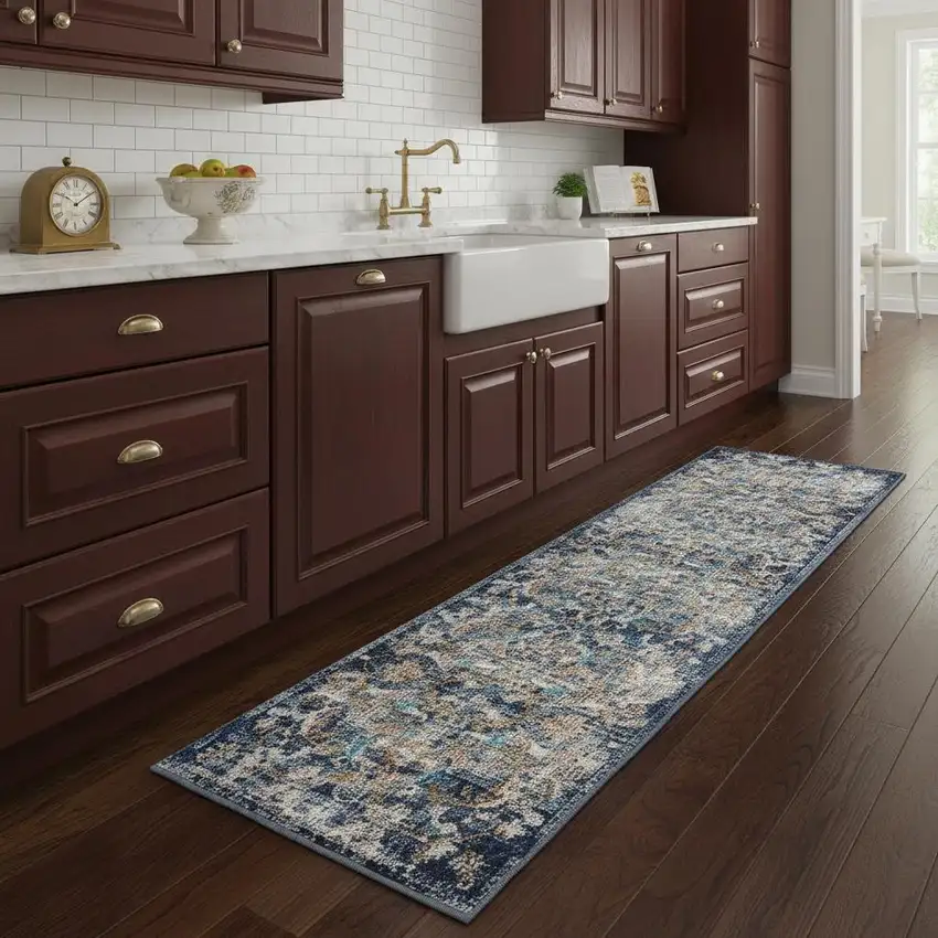 2' X 9' Blue and White Jacobean Pattern Runner Rug Photo 1