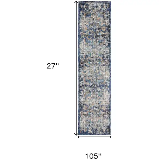 2' X 9' Blue and White Jacobean Pattern Runner Rug Photo 3