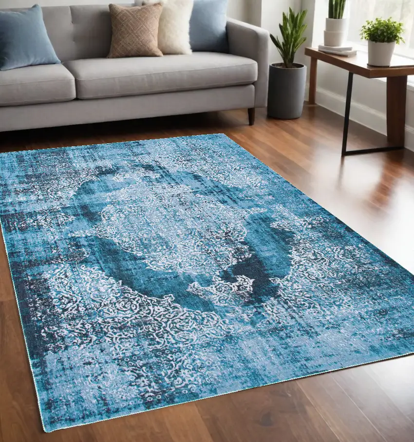 Blue and White Oriental Non Skid Area Rug Photo 1