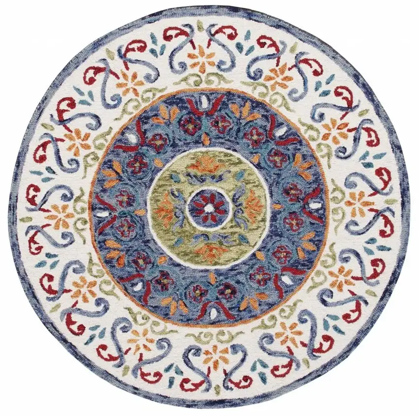 6' Blue And White Round Wool Hand Tufted Area Rug Photo 5