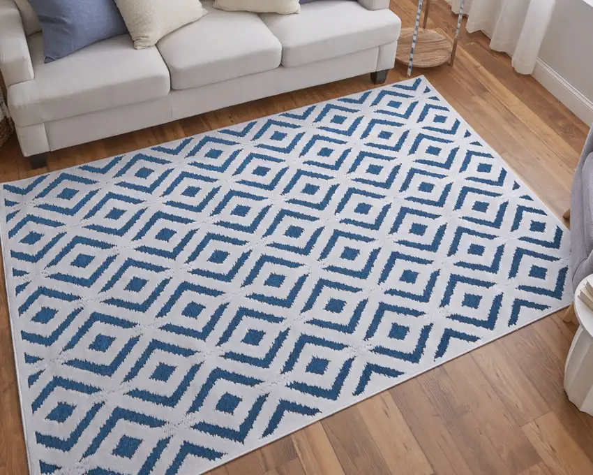 Blue and White Power Loom Area Rug Photo 6