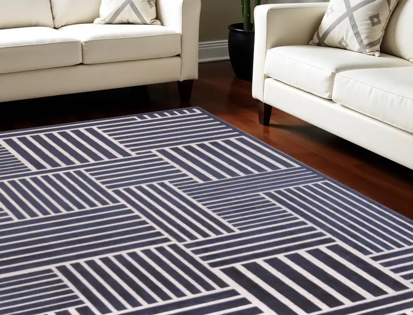 Blue and White Striped Power Loom Area Rug Photo 1