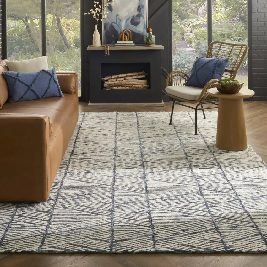 Blue and White Wool Abstract Area Rug Photo 4