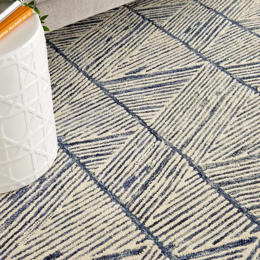 Blue and White Wool Abstract Area Rug Photo 8