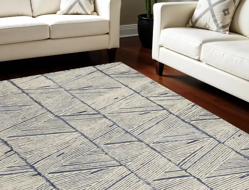 Blue and White Wool Abstract Area Rug Photo 1